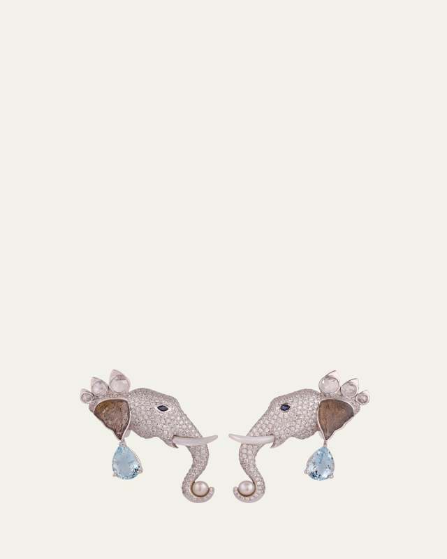 18K White Gold Elephant Diamond and Gemstone Earrings, One-Of-A-Kind